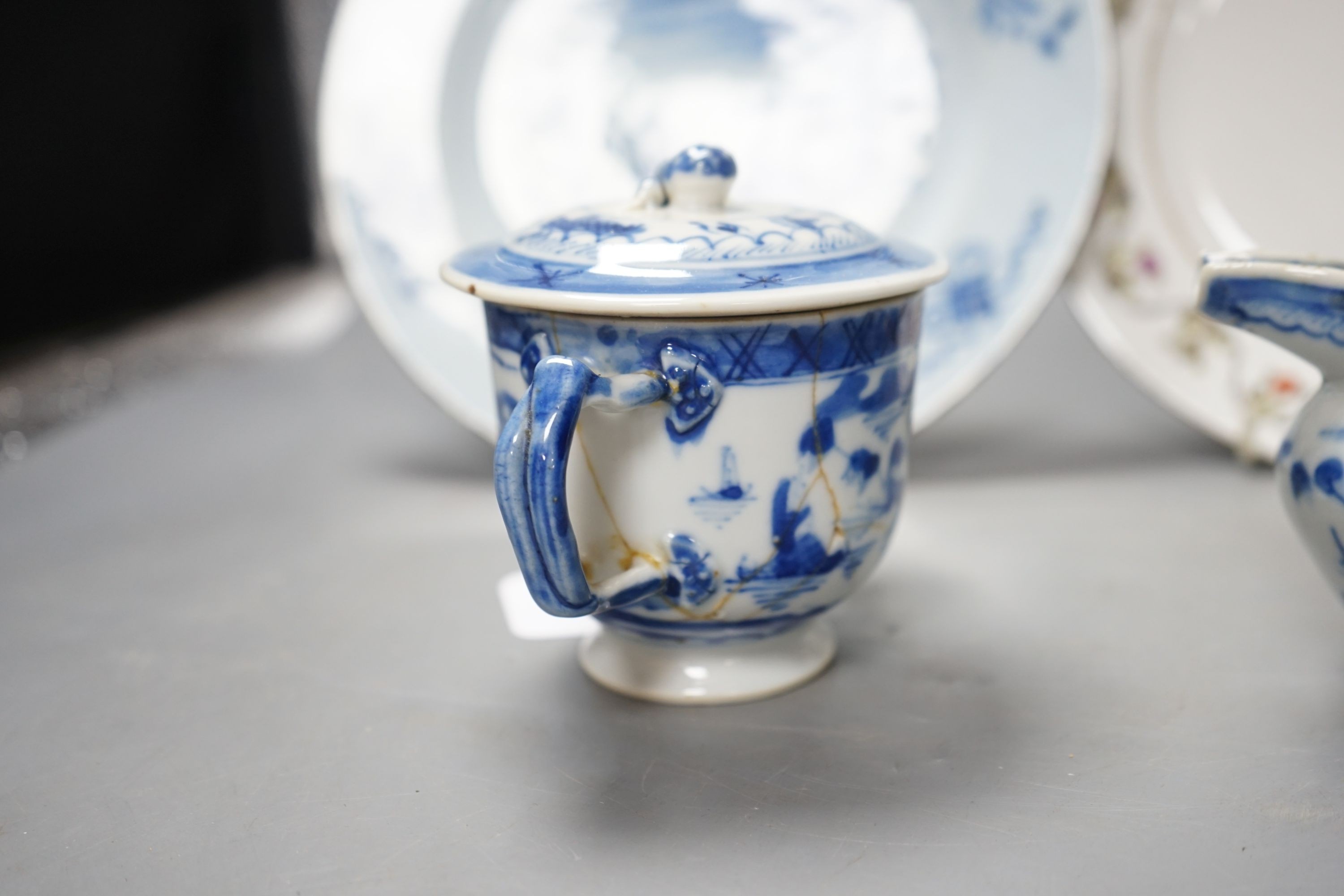 A Chinese blue and white bulb dish and a three piece teaset, a Delft plate and an English porcelain plate, 18th/19th century 23cm